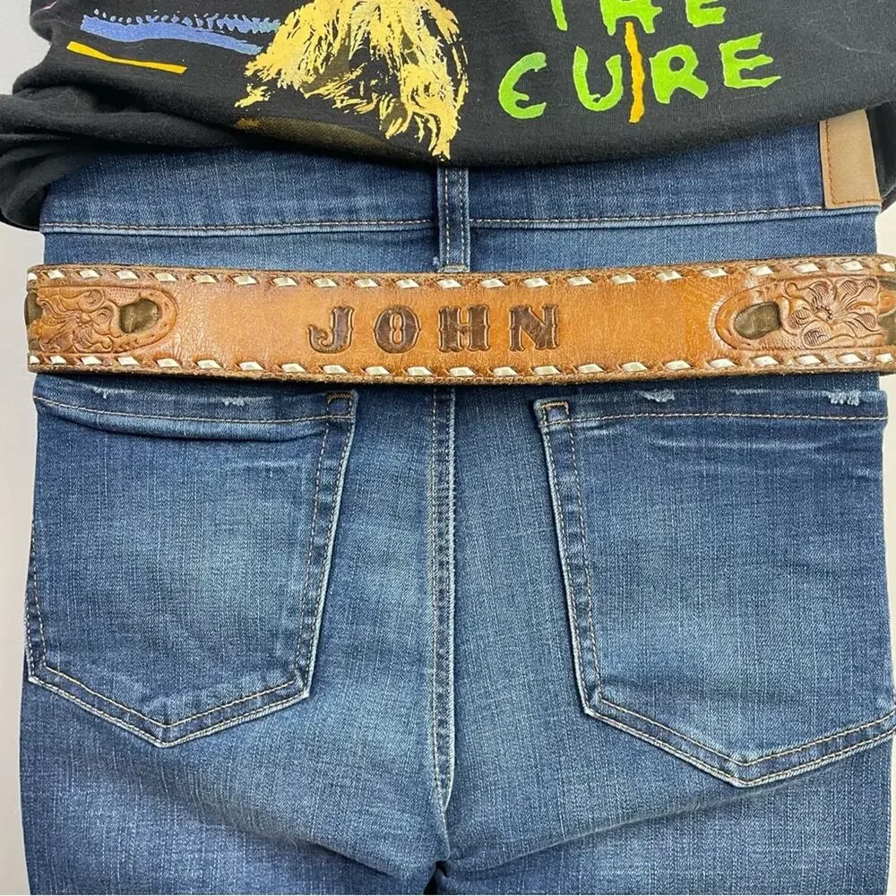 Vintage Distressed Worn Tooled Floral Cowboy Western Cowboy John Belt unisex 34